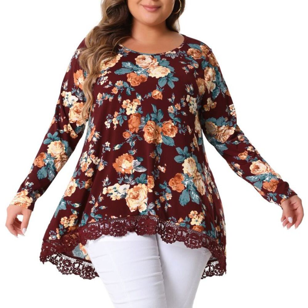 Women's Plus Size Lace Trim Floral Pattern Long Sleeve High Low Hem 2X